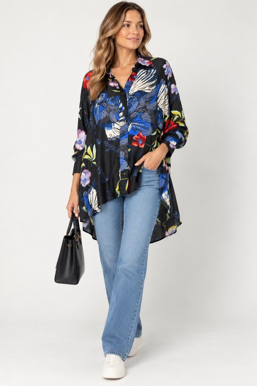 Free People Women's Silky Nights Buttondown Blouse Tunic Shirt Sz XS Blue Black